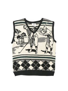 Men's Golf Sweater Vest Cotton Argyle Ivory Black Quirky V-Neck L